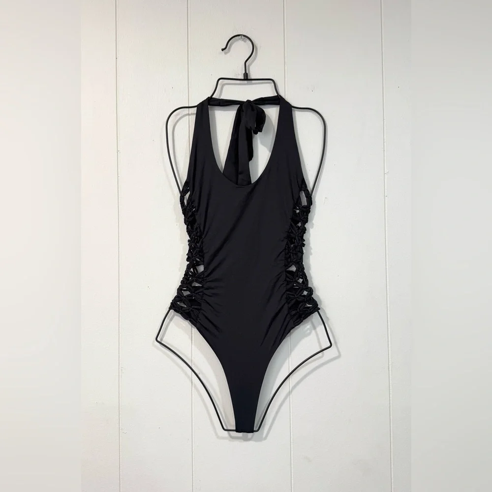 Frankie's Bikinis Camilla One Piece Knotted Macrame Bathing Suit in Black Small